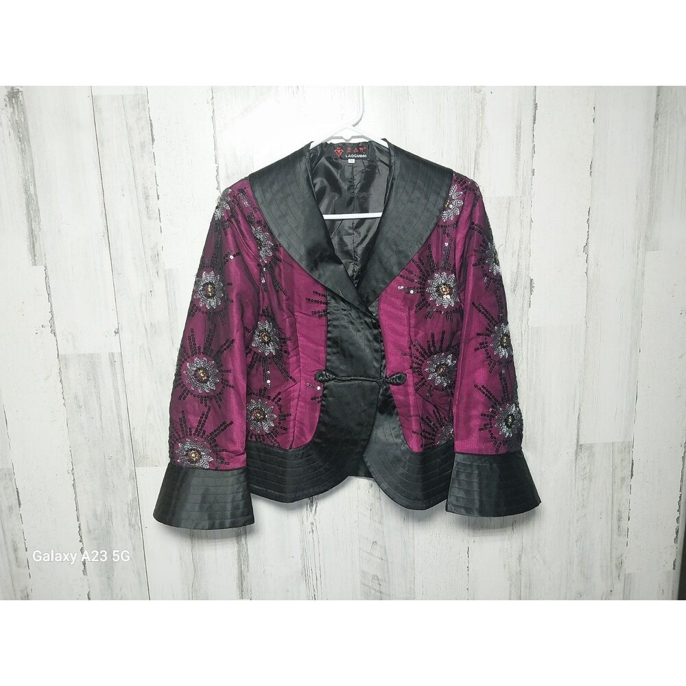 Kimono Blazer XL Black Magenta Shawl Neck Shiny Asian Festive Jacket